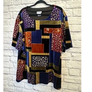 Blair Women's 2X Patchwork Velvet Top Short Sleeve Multicolor Bohemian